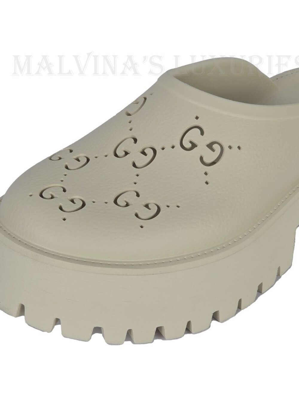 GUCCI SHOES ELEA PERFORATED RUBBER GG LOGO PLATFORM MULES SANDALS - Picture 13 of 16